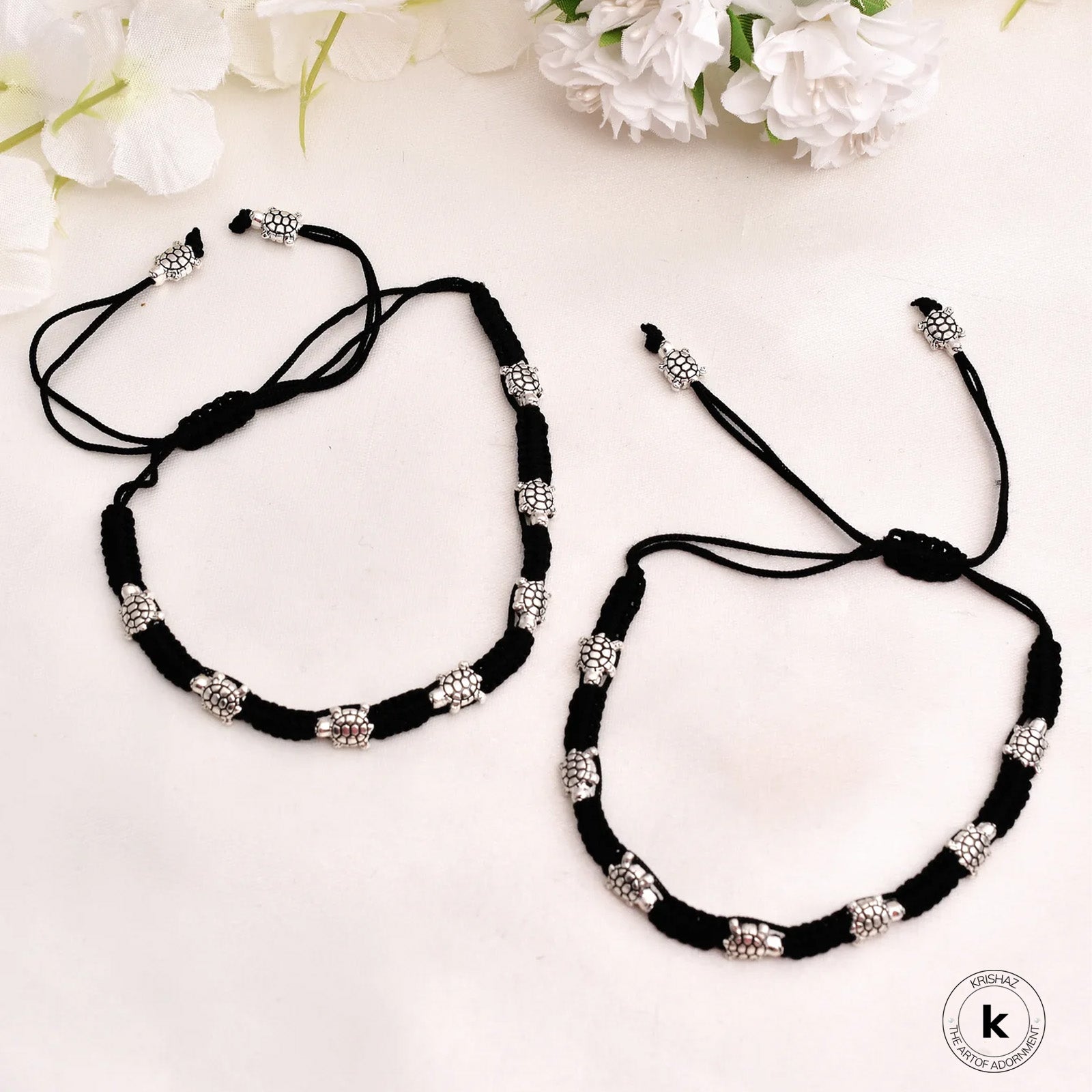 Turtle Black Threaded Anklet