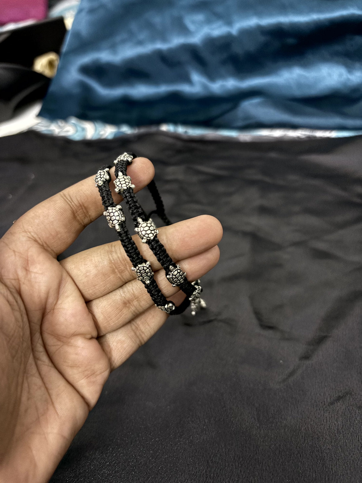 Turtle Black Threaded Anklet